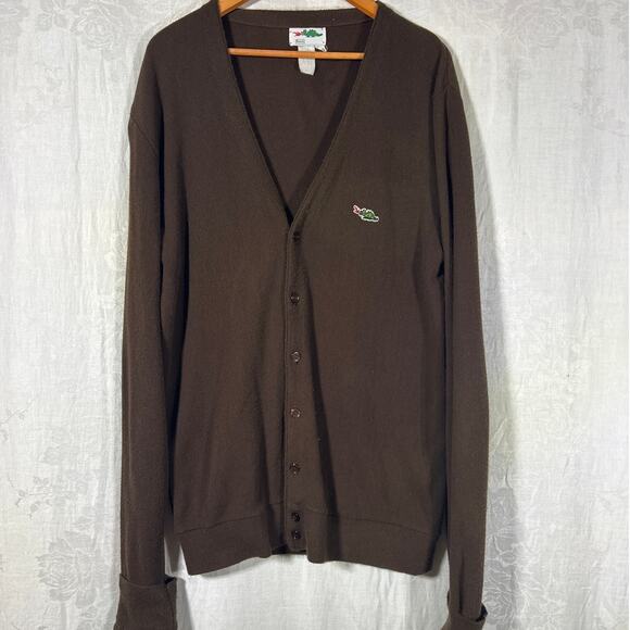 VTG Sears Cardigan Sweater 2X TALL Brown Dragon Applique V Neck Orlon Acrylic - Picture 1 of 10